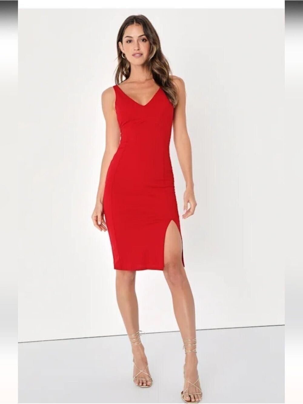 Women's Lulus Crimson Red Deep V-Neck Sleeveless Bodycon Midi Dress M